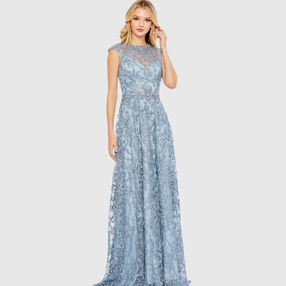 Mac Duggal Light Blue Lace A-Line Evening Gown